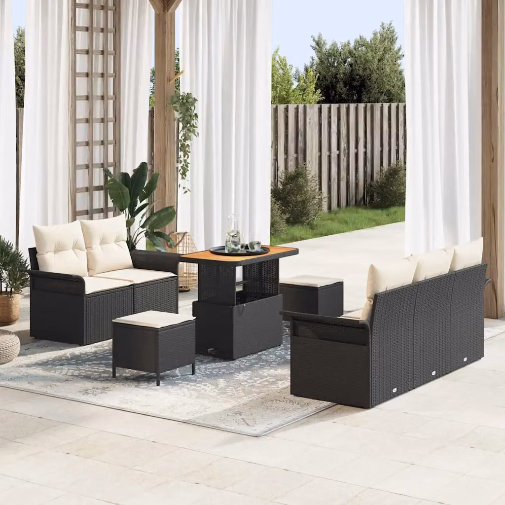 vidaXL Set Divano da Giardino 8 posti con Tavolino e Pouf Nero e Beige – 1