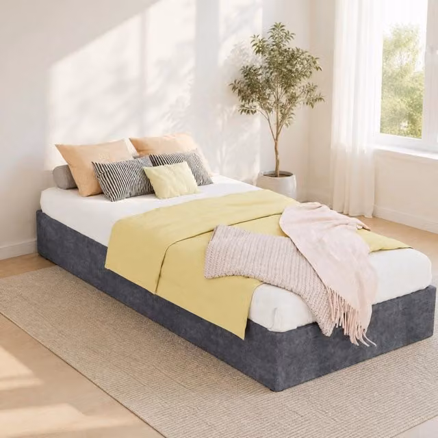 Letto singolo moderno imbottito con contenitore a sollevamento pneumatico, colore grigio, L/P/H: 90 x 200 x 133 cm