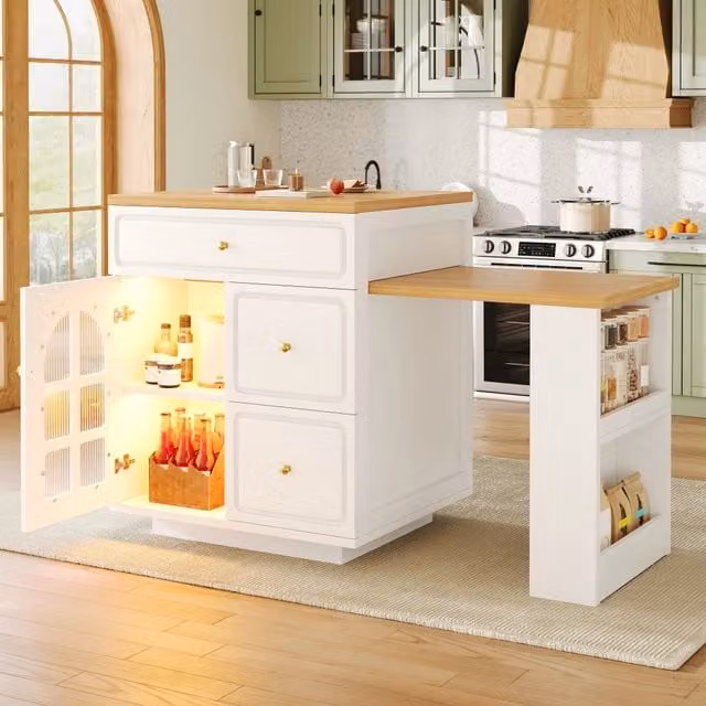 Carrello da cucina allungabile con 4 cassetti, LED RGB e anta in vetro, per cucina e sala da pranzo, bianco