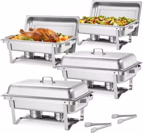 Set di 4 Scaldavivande Rettangolari VEVOR in Acciaio Inox Argento da 8,5 L con Coperchio, Porta Combustibile e 2 Pinze per Buffet e Banchetti