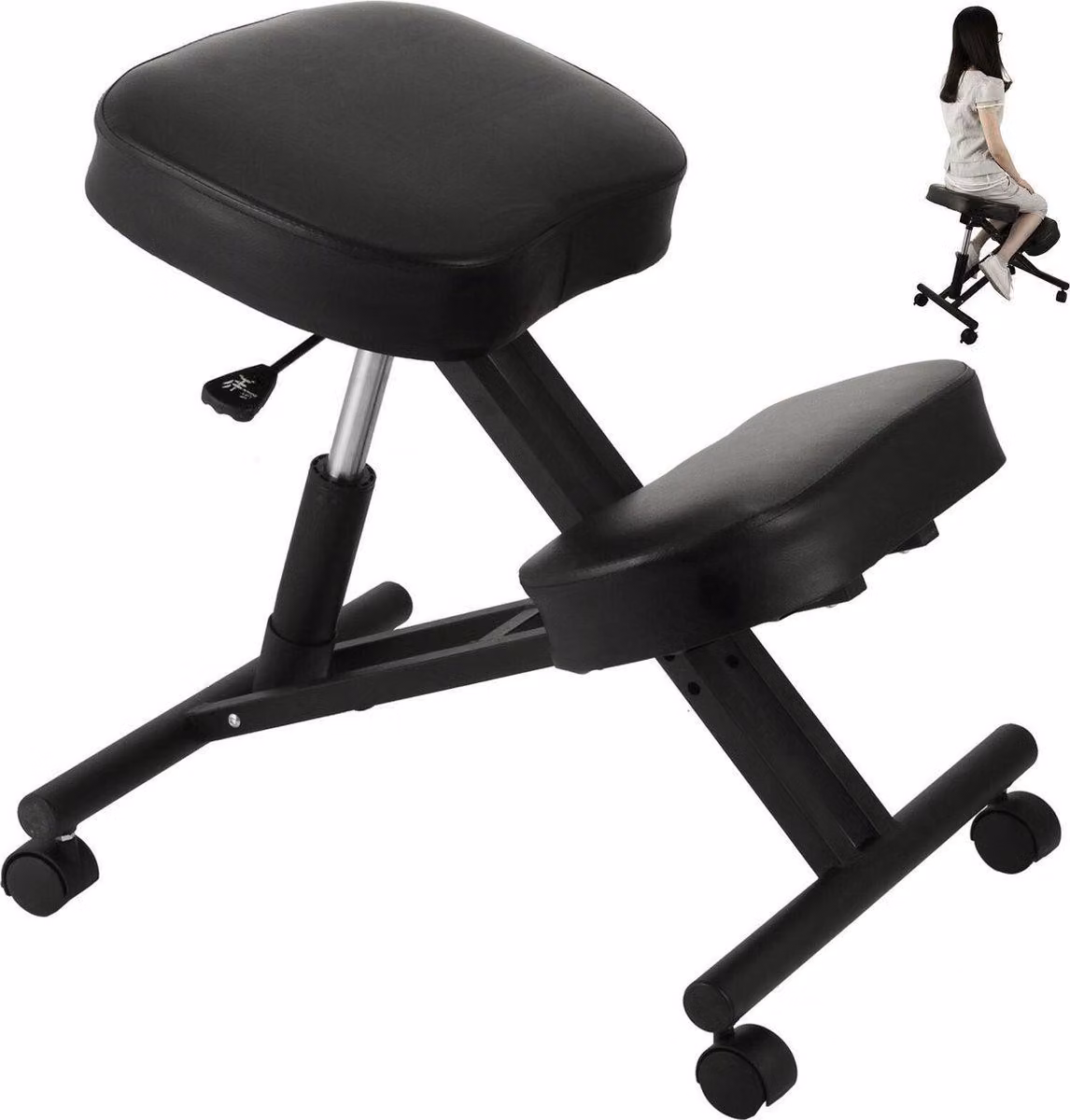 Happyment Sgabello ergonomico deluxe - Sedia da lavoro - Sedia inginocchiata - Sedia ergonomica per ufficio - Seduta in Finto cuoio - Fino a 120 kg