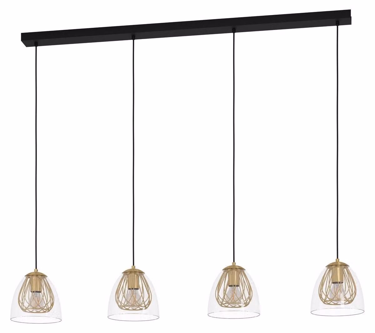 Lampada a sospensione EGLO Jazminia, lampada a sospensione per tavolo da pranzo, lampada da soffitto a sospensione, acciaio nero, ottone, vetro trasparente, attacco E27, L 135 cm