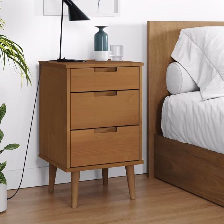 Comodino MOLDE vidaXL in legno massello di pino marrone, stile scandinavo, L 40 cm x P 35 cm x H 65 cm