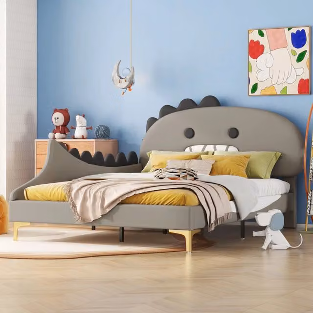 Letto basso per bambini grigio con testiera a forma di dinosauro in PU 140x200 cm