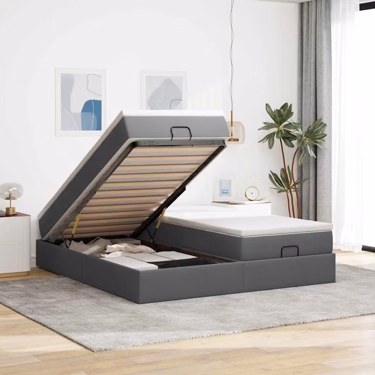vidaXL Struttura Letto con Pouf e Materassi in Tessuto con Contenitore a Sollevamento L/P/H: 180 x 200 x 23,5 cm, Grigio e Bianco