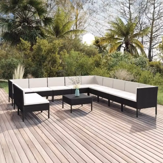 Set di divani da giardino a forma di U vidaXL con tavolino da caffè e cuscini, colore nero e bianco – 1