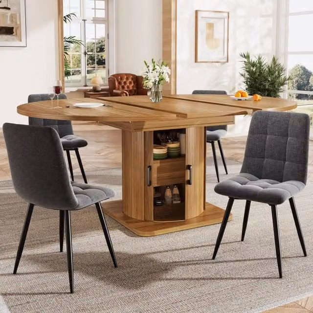 Set da pranzo moderno MIVRAY con tavolo rotondo allungabile e 4 sedie, colori nero e marrone, piano in MDF e dettagli in metallo, L/P/H: 118 x 76 x 75 cm
