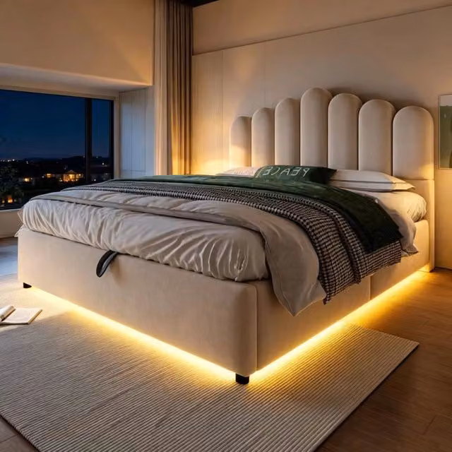 Letto contenitore matrimoniale 140 × 200 cm con vano idraulico, led e testiera in velluto, senza materasso, beige
