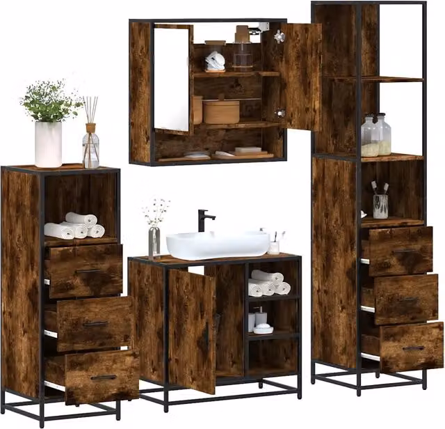 Set Mobili da Bagno 4 pz Rovere Fumo in Legno Multistrato 3301297