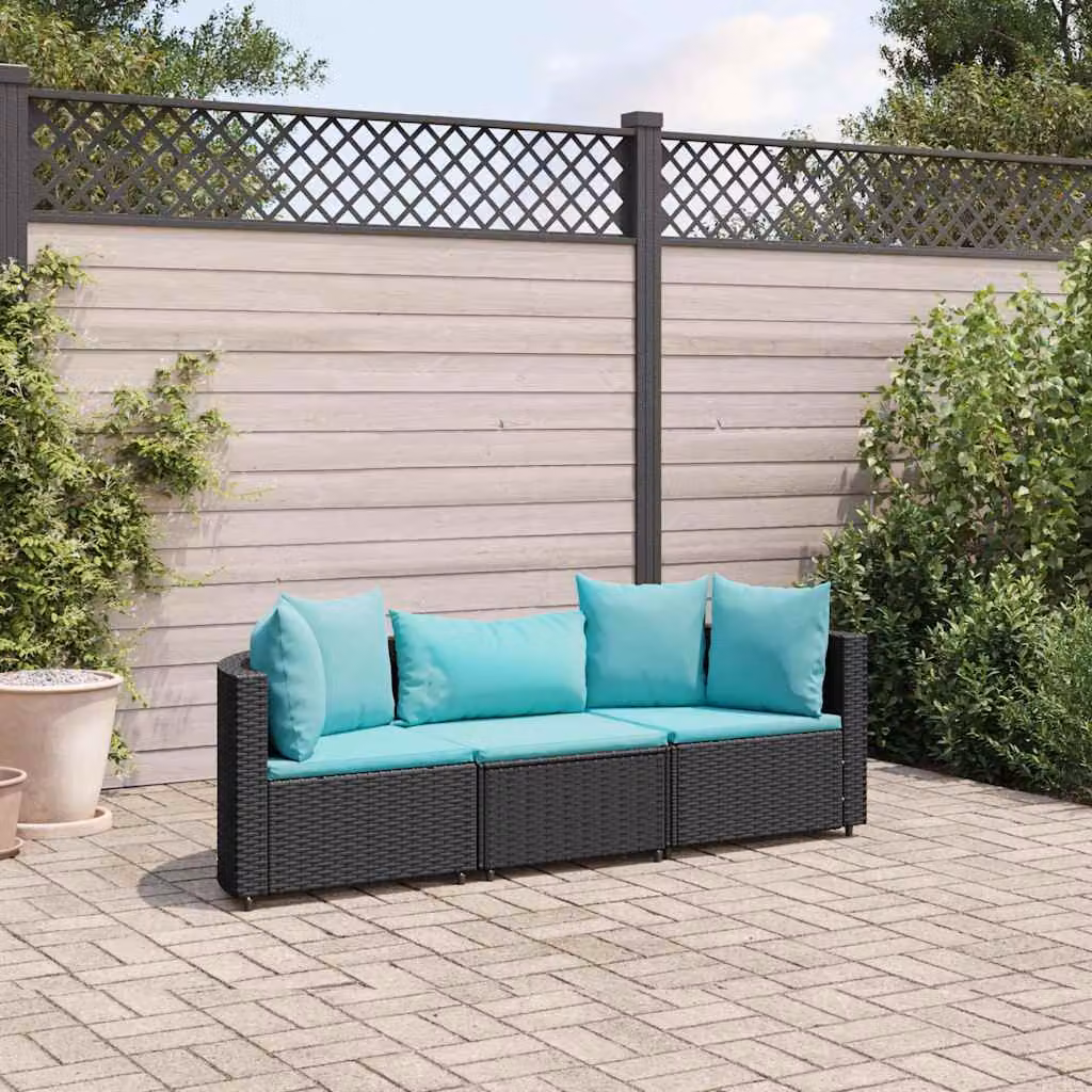 Set di divani da giardino vidaXL a forma di L composto da 3 pezzi con cuscini blu e struttura in metallo nero e rattan – 1