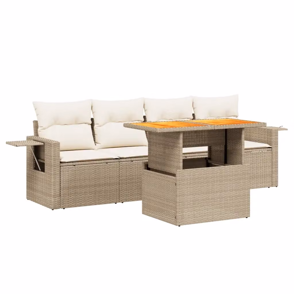 vidaXL Set Divano da Giardino 5 pz in Polyrattan con Cuscini Beige e Tavolino Moderno – 2