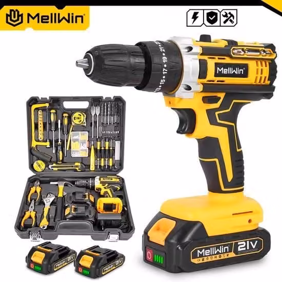 Macchina a percussione elettrica multifunzione Mellwin senza fili con batteria ricaricabile da 18V e kit di coppia colore giallo
