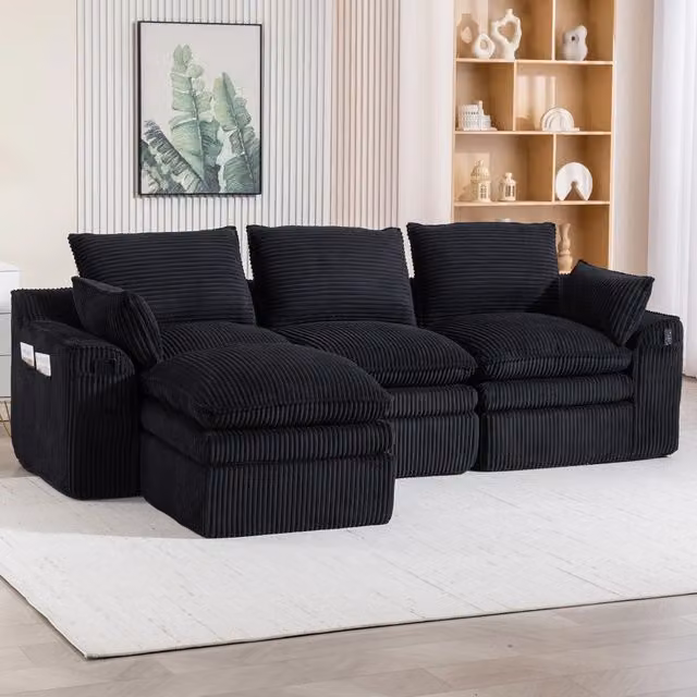 Divano modulare 263x167x85 cm con tasche laterali in velluto a coste nero