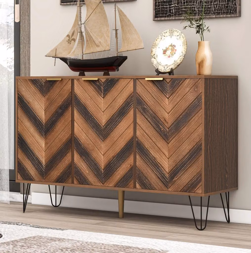Credenza moderna a tre ante con dettagli geometrici in legno e metallo, colore marrone opaco, L: 76,5 cm, P: 38,0 cm, H: 38,0 cm – 2