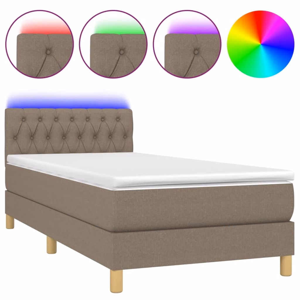 Letto a Molle con Materasso e LED Tortora 90x200 cm in Tessuto