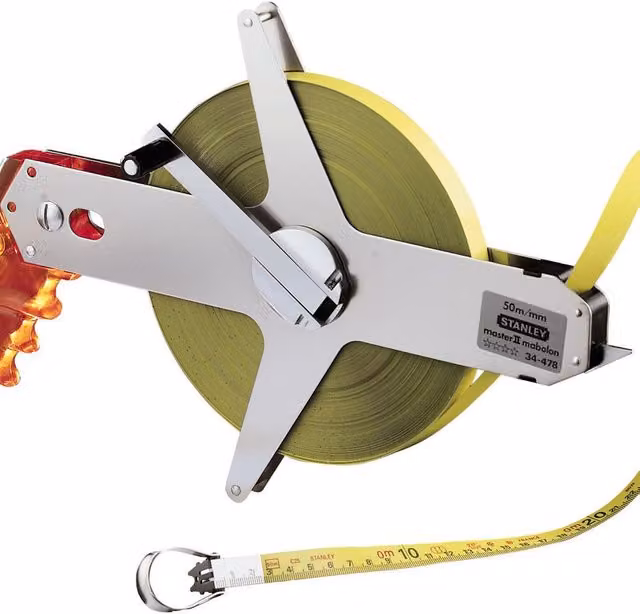 Metro a rotella Stanley Master II in acciaio inossidabile, colore argento e giallo, Lunghezza: 30 m, Larghezza: 1,27 cm