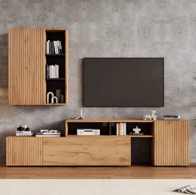 Mobile TV moderno a parete e da terra 174-265 cm in truciolare; effetto rovere e nero