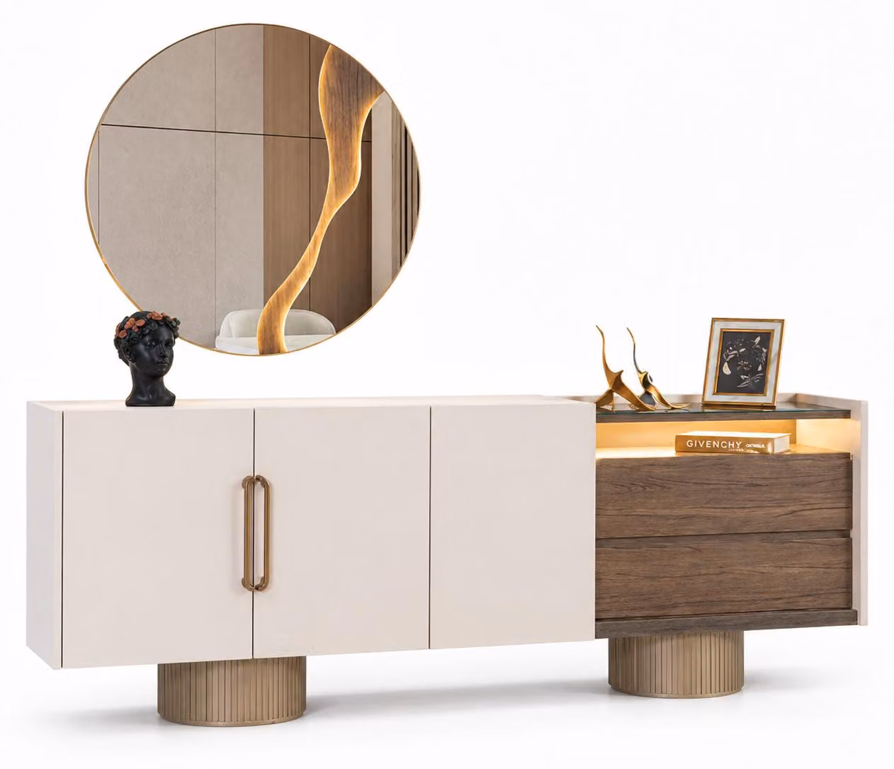 Credenza con specchio rotondo ed elementi moderni in legno: mobili di grande stile