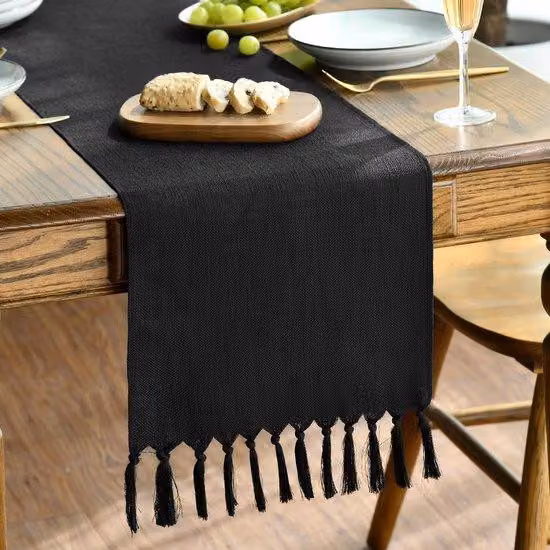 Tovaglia in stile rustico, accessorio da cucina in lino lavabile, nero, 33x243 cm