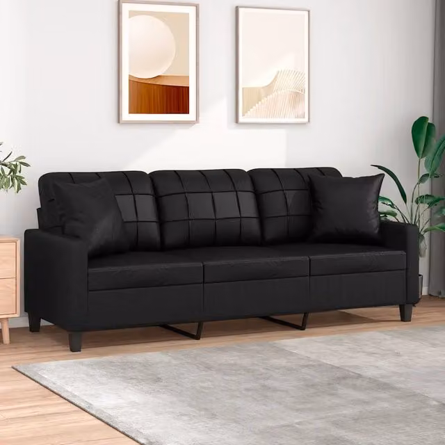 Divano a 3 posti moderno vidaXL in similpelle nera con cuscini e struttura in metallo L: 198 cm, P: 80 cm, H: 77 cm – 1