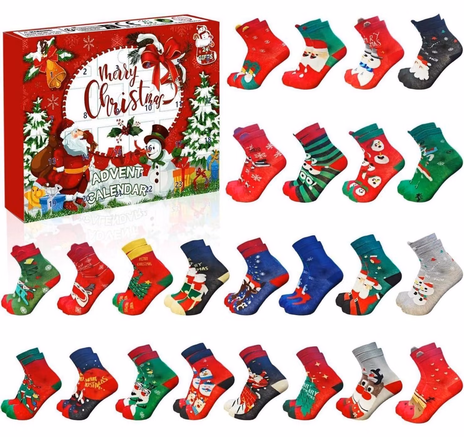 Calendario dell'Avvento a forma di calzini, confezione da 24 paia, per uomo e donna, colore rosso, taglia 39-45