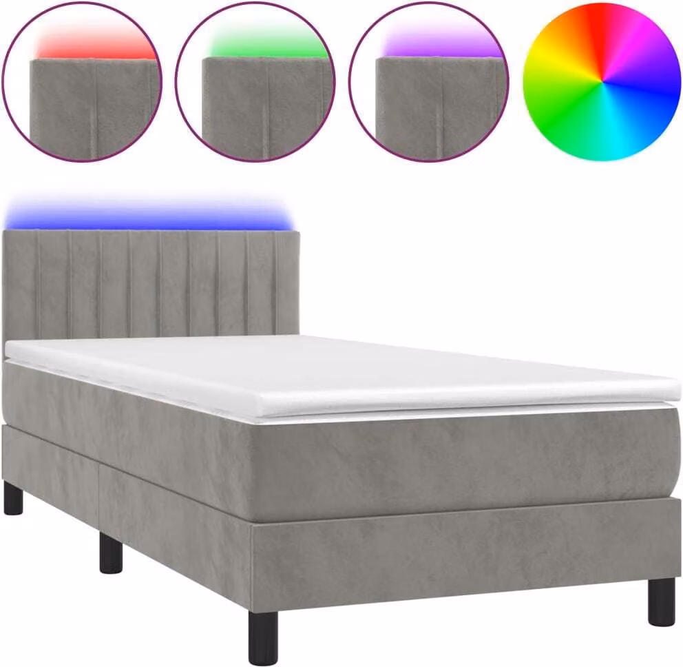 Letto a Molle con Materasso e LED Grigio Chiaro 100x200 cm Velluto