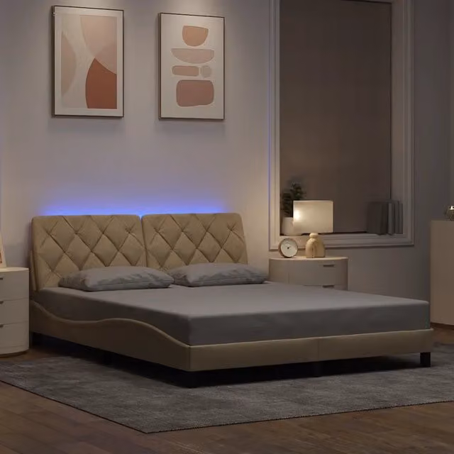 Letto con base contenitore vidaXL in tessuto beige con illuminazione LED e porta USB L/P/H: 218 x 160 x 74,5 cm – 1