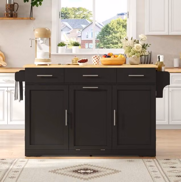Isola da cucina mobile nera e naturale con piano pieghevole, prese USB e cassetti