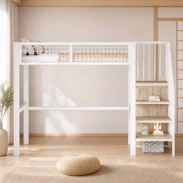 Letto a soppalco 90x200 cm bianco in metallo con scala e armadio
