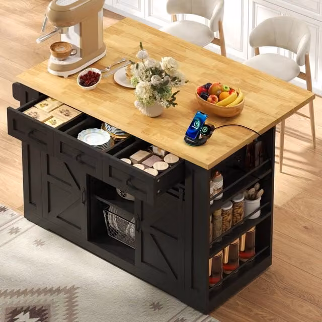 Isola cucina mobile con piano ribaltabile in MDF nero e naturale 130 x 50 x 87 cm