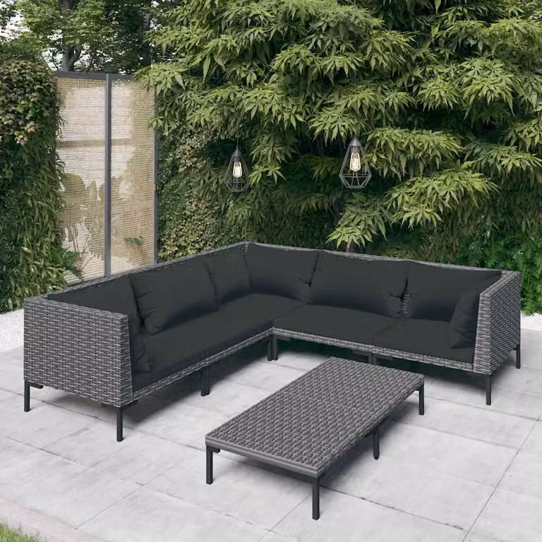 Set da giardino vidaXL composto da 6 pezzi con divano a L, tavolino e cuscini in polyrattan color antracite con struttura in acciaio verniciato a polvere