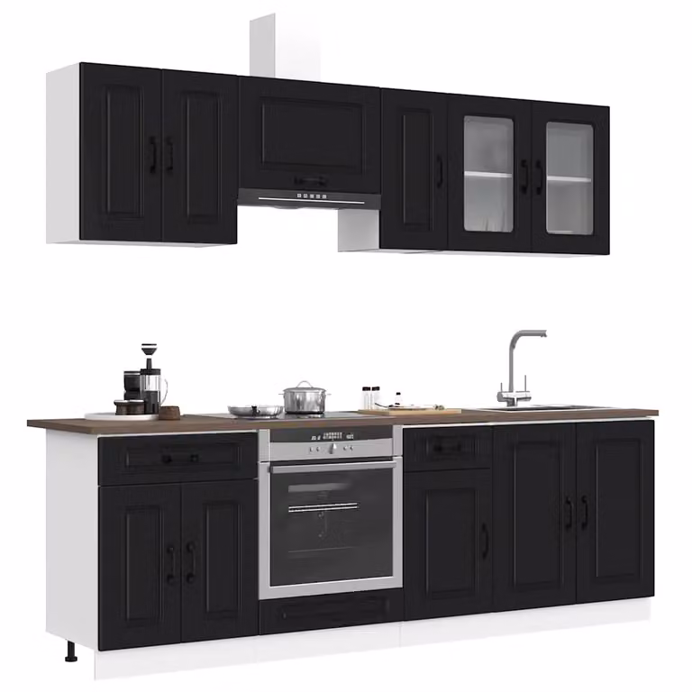 Set di mobili da cucina moderno vidaXL Kalmar composto da 8 pezzi in legno multistrato e vetro, colore nero opaco, L/P/H: 246,0 x 46,0 x 81,5 cm