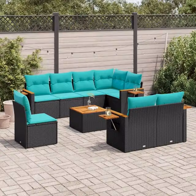 Set Divani da Giardino 9 pz con Cuscini Nero in Polyrattan 3227009