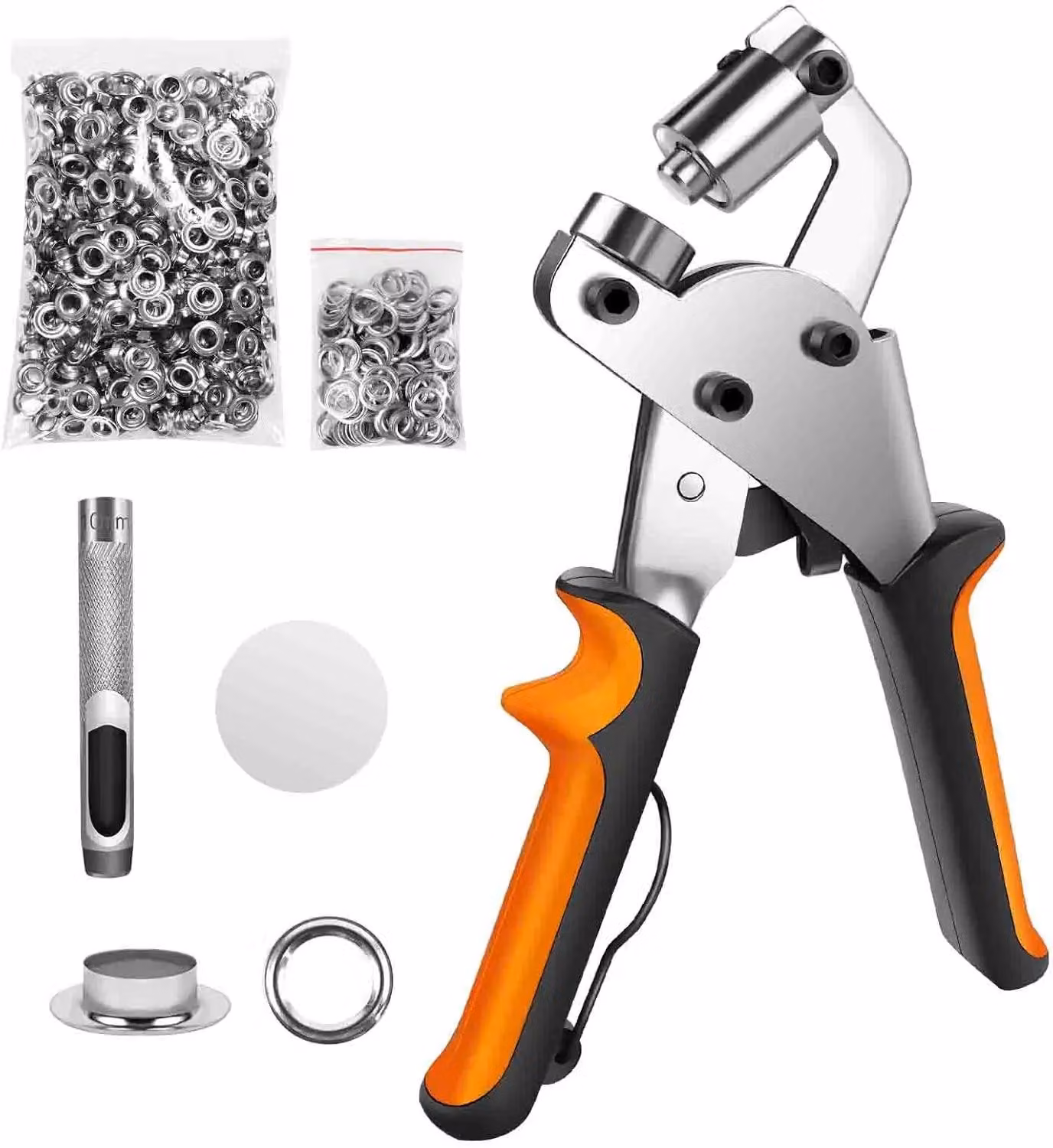 Set di strumenti per occhielli - Pinza manuale per occhielli - 10 mm - 500 occhielli argentati magnetici - Metallo - Adatti per teloni e abbigliamento