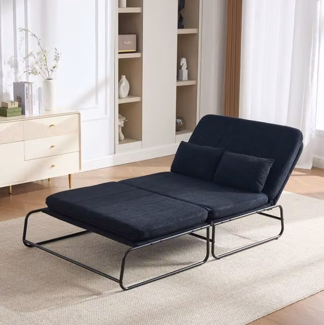 Divano letto 2 posti 104x85x92 cm nero in ciniglia, metallo e tasche laterali