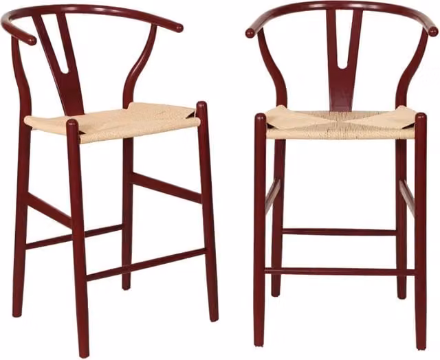 Set 2 sgabelli da bar vintage in legno di faggio e corde, bordeaux