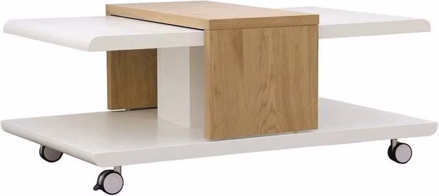 Tavolino Joliet Inter Link in MDF con vassoio scorrevole, colore quercia e bianco, L: 110 cm, P: 66 cm, H: 45 cm
