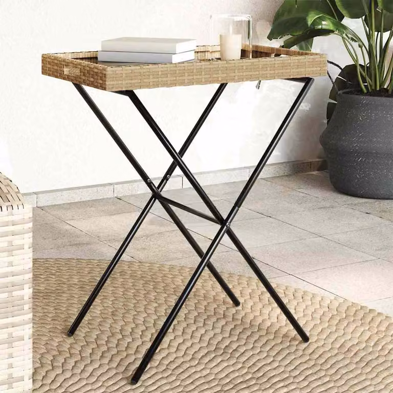 vidaXL Tavolino Vassoio Pieghevole in Polyrattan Beige L: 65 cm, P: 40 cm, H: 75 cm