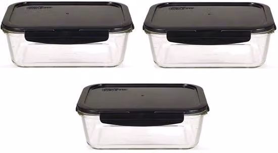 Set di 3 contenitori per alimenti Boroseal in vetro trasparente con coperchio ermetico, forma quadrata, capacità 1 litro, adatti a forno, microonde e congelatore