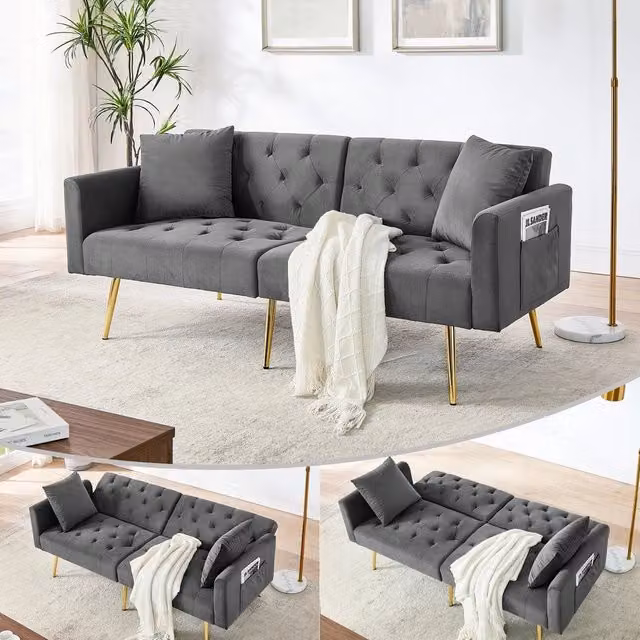Divano 2 posti in velluto ¨C Minimal ¨C Grigio, gambe in metallo, con cuscini, schienale regolabile