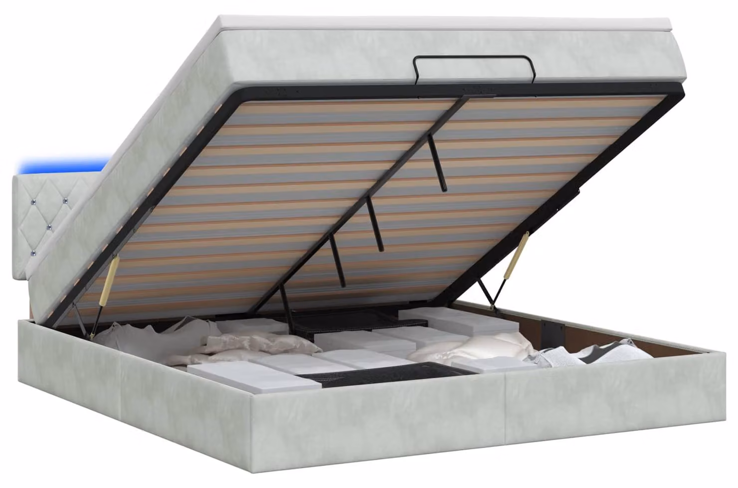 Panca contenitore con materasso e illuminazione LED, grigio chiaro, 140 x 190 cm, rivestita in velluto