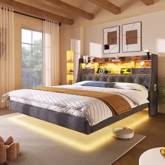 Letto matrimoniale 180 × 200 cm con illuminazione LED e ricarica USB in lino grigio con testiera e rete a doghe