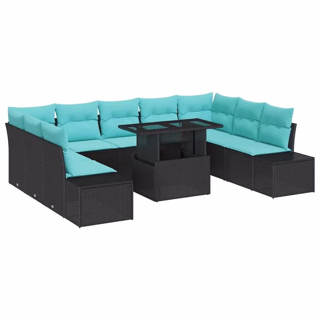 Set Divano da Giardino vidaXL a Forma a U in Polyrattan con Cuscini Nero e Blu – 2