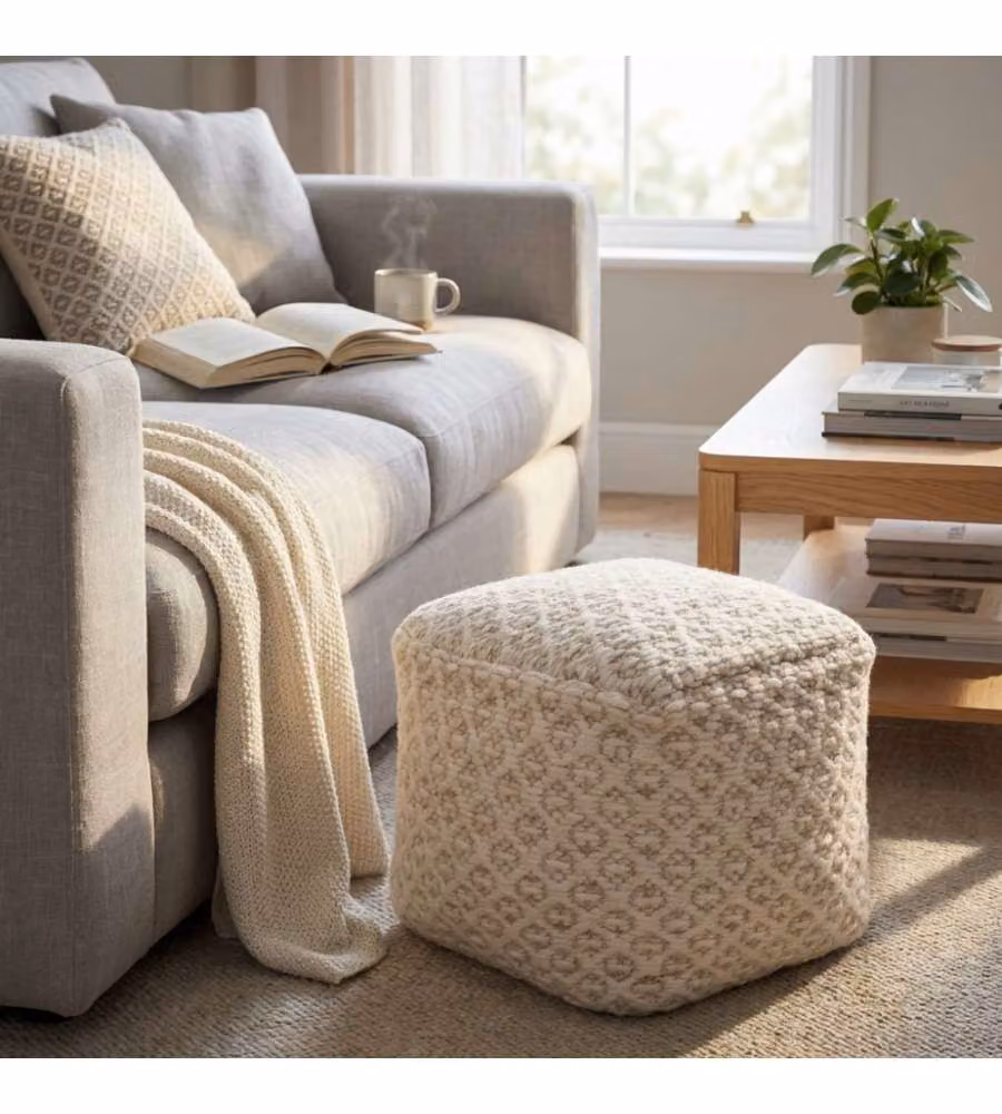 Cosma Pouf Quadrato Ecrù e Bianco 40x40 cm in Cotonex e Lana