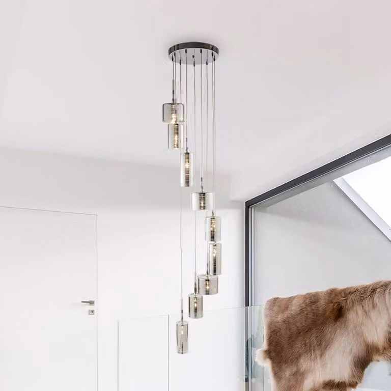 Searchlight Lampada a sospensione in vetro Linen, Alluminio / Grigio / Zincato, Soggiorno / Sala da pranzo, Vetro, Moderno, Lampada a sospensione