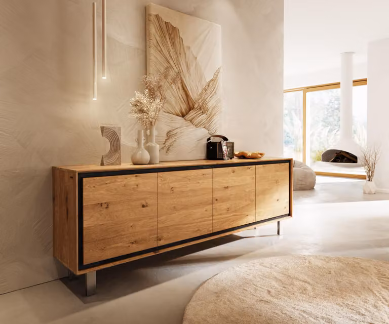 Mobile contenitore DELIFE modello Stonegrace, 200 cm, finitura rovere naturale, 4 ante, gambe quadrate in acciaio inossidabile spazzolato