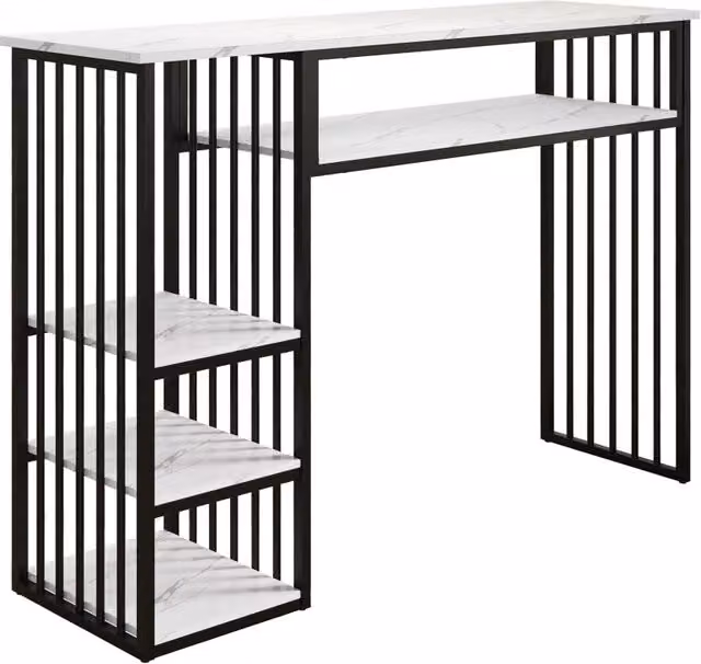 Tavolo bar con ripiani, 140×40×105 cm, piano MDF effetto marmo e struttura in metallo nero