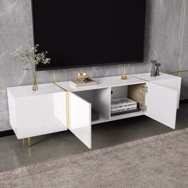 Mobile TV REDOM Bianco in MDF con 4 ante e cerniere soft-close per soggiorno, L: 170 cm, P: 35 cm, H: 46 cm