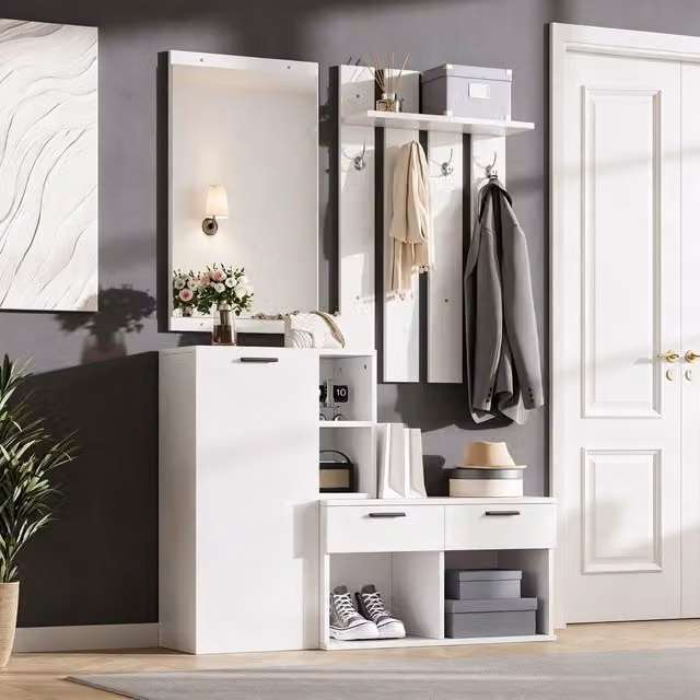 Set ingresso Minimal bianco con specchio, appendiabiti e 2 cassetti, L: 120 cm, P: 35 cm, H: 175.5 cm
