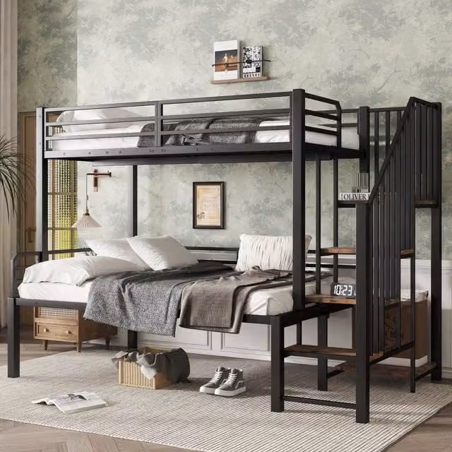 Letto a Castello con Contenitore ¨C MINIMAL ¨C Metallo e MDF, Nero, 90x200 / 120x200